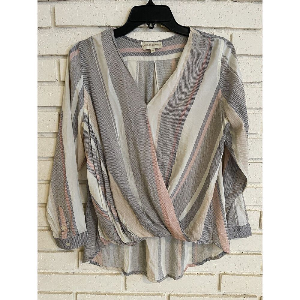 Cynthia Rowley Top Women Medium Gray Pink Striped Faux Wrap hi low Casual Layers